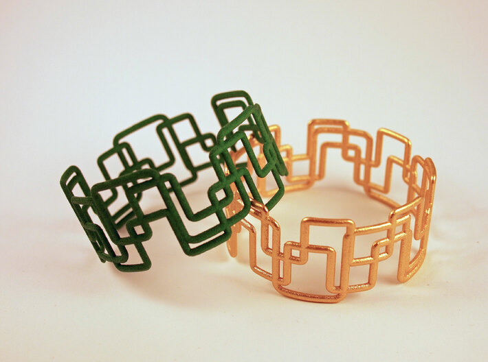 Modern Graphics Bracelet  3d printed Green and Matt gold steel in Comparison