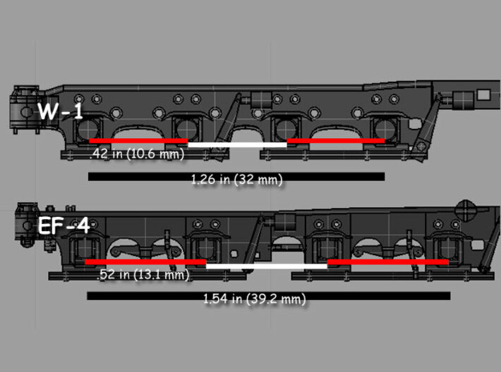 GN W-1 Heavy Electric Great Northern 3d printed Model measurements to illustrate differences between the EF-4 truck and W-1 truck