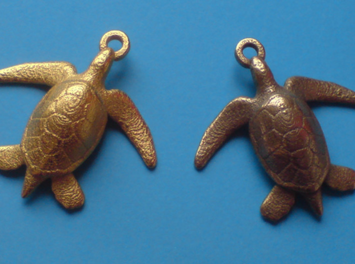 Sea Turtle Pendant 3d printed left Polished Gold Steel , right Stainless Steel