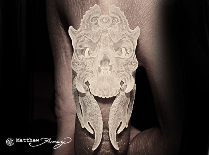 Split Mandible - around a Size 8 3d printed Worn on a size 8 finger. Photo by Martina Major.