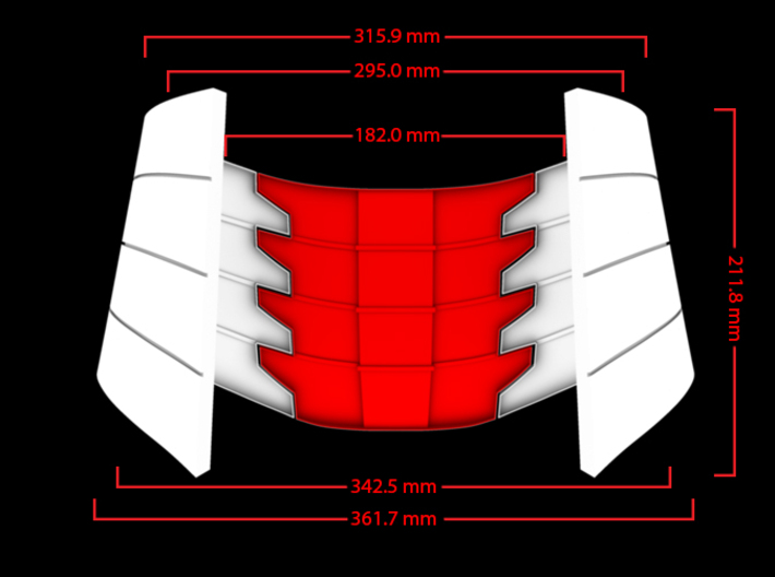 Iron Man Lower Back Armor 3d printed Front Measurements (What's Highlighted in Red will be printed)