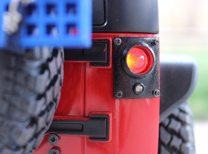 JK Flush Mount Tail Lights 3d printed Finished product with semi-gloss black paint, scale hardware, and LEDs.