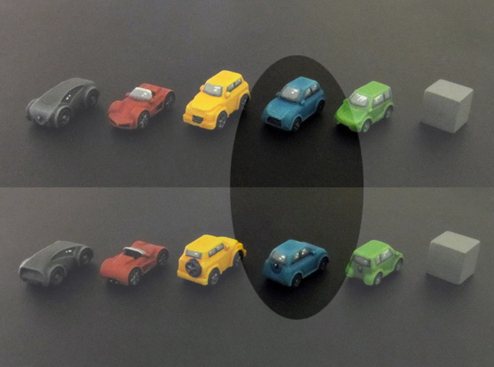 Miniature cars, City car (8pcs) 3d printed Hand-painted car. 10mm cube on the right for scale.