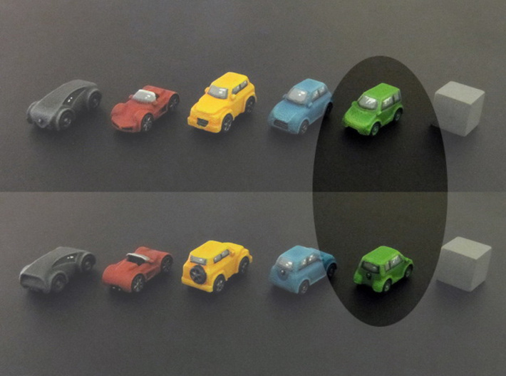 Miniature cars, Mini-car (8pcs) 3d printed Hand-painted car. 10mm cube on the right for scale.