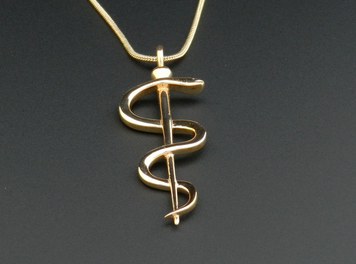 Rod Of Asclepius Pendant 3d printed Polished Bronze