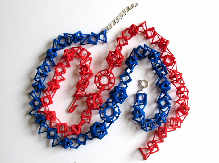 Coral Bones choker - 19&quot; 3d printed Chokers printed in red and blue strong and flexible plastic. Blue choker shows optional replacement of 3D-printed hook clasp with ring clasp and chain.