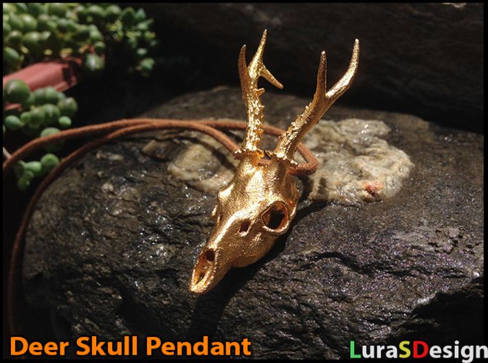 Roe Deer Skull Pendant 3d printed Matte Gold Steel