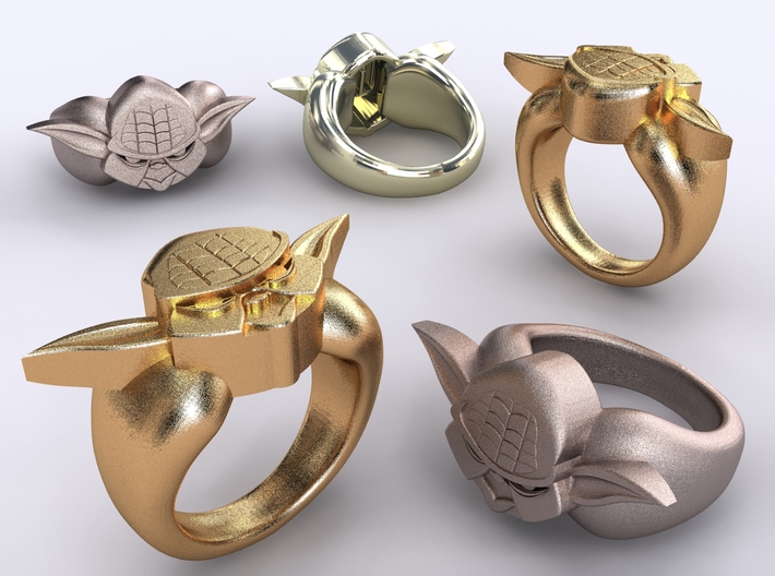 Yoda Ring 3d printed Stainless Steel, Gold Plated Matte &amp; Premium Silver renders