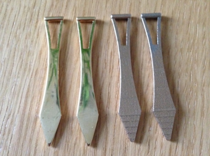 Metal Shirt Collar Stays (Pair) 3d printed Polished Brass on the left, Stainless Steel on the right