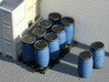 N Scale Blue Barrels 12pc 3d printed Painted barrels at the factory's empties lot, awaiting transport