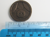 Pig Coin 3d printed Coin shown with metric and imperial scales. Coin is 30 mm,  approx 1 and 3/16th inches across